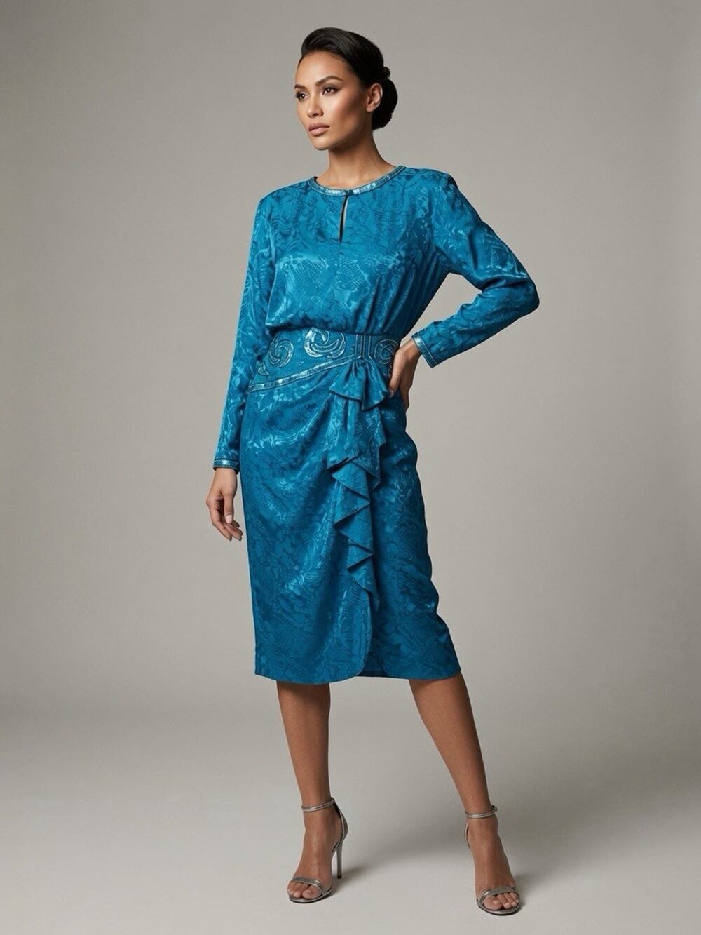 Lillie Rubin Sz 4 Teal 100% Silk Cocktail Evening Party Beaded Midi 80s Dress